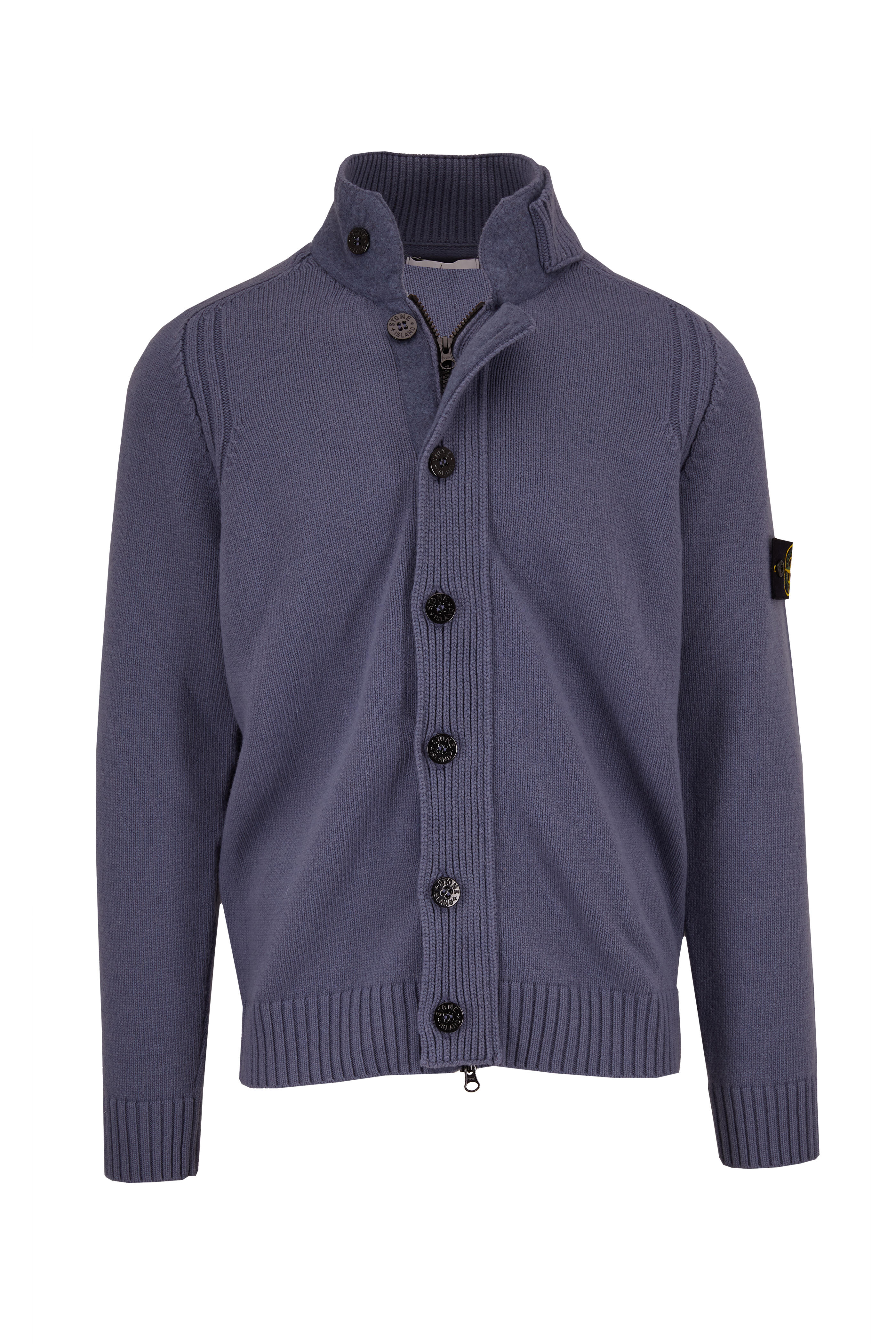 Stone Island - Blue Stretch Wool Front Button & Zip Cardigan