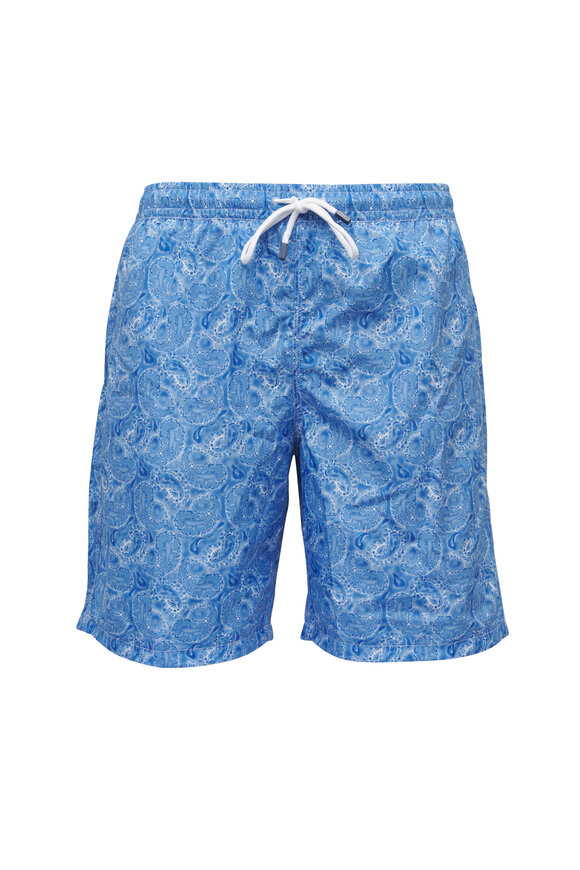 Fedeli Blue Paisley Print Swim Trunks