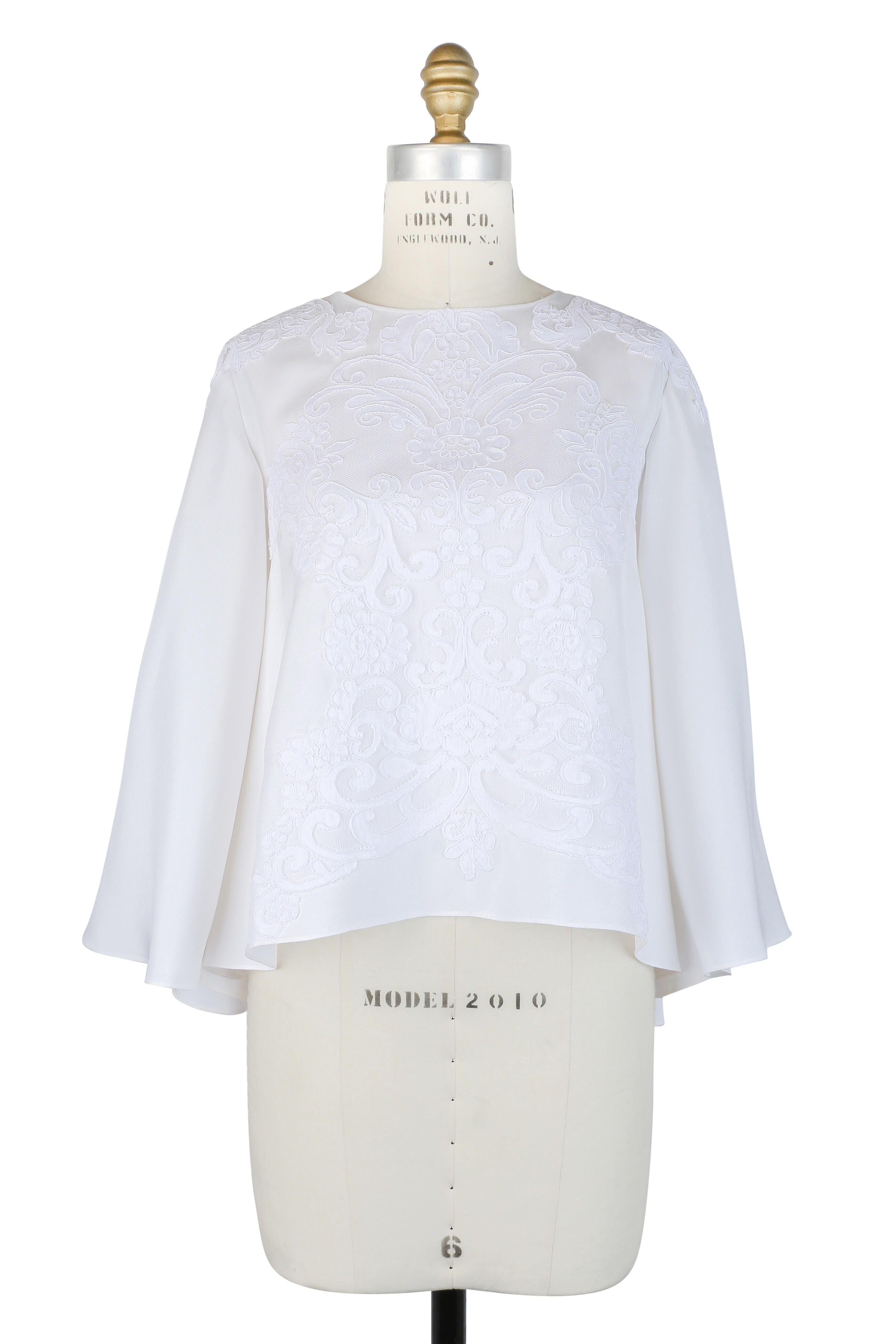 Reem Acra - White Embroidered Silk Bell Sleeve Blouse
