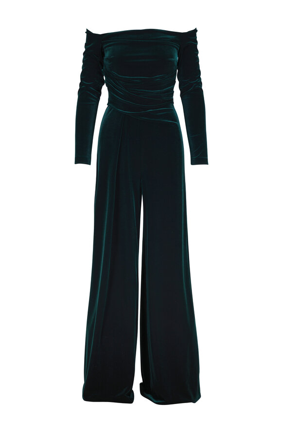 Talbot Runhof Hunter Green Stretch Velvet Long Sleeve Jumpsuit - view 1