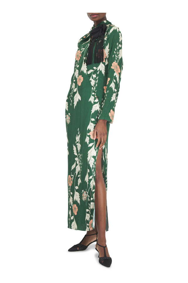 Designer outfit featuring Esencia Femenina Green Hibiscus Print Dress and Turgimodla Black Flocked Tulle T-Bar Pump, 50mm