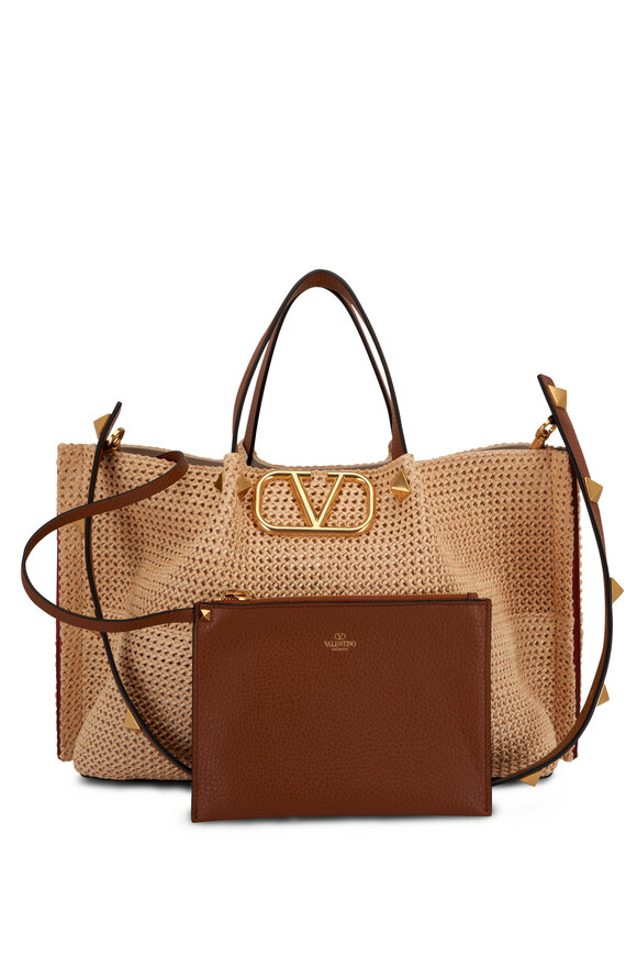 Valentino Garavani - Summer Woven Raffia & Brown Leather VLOGO Tote 