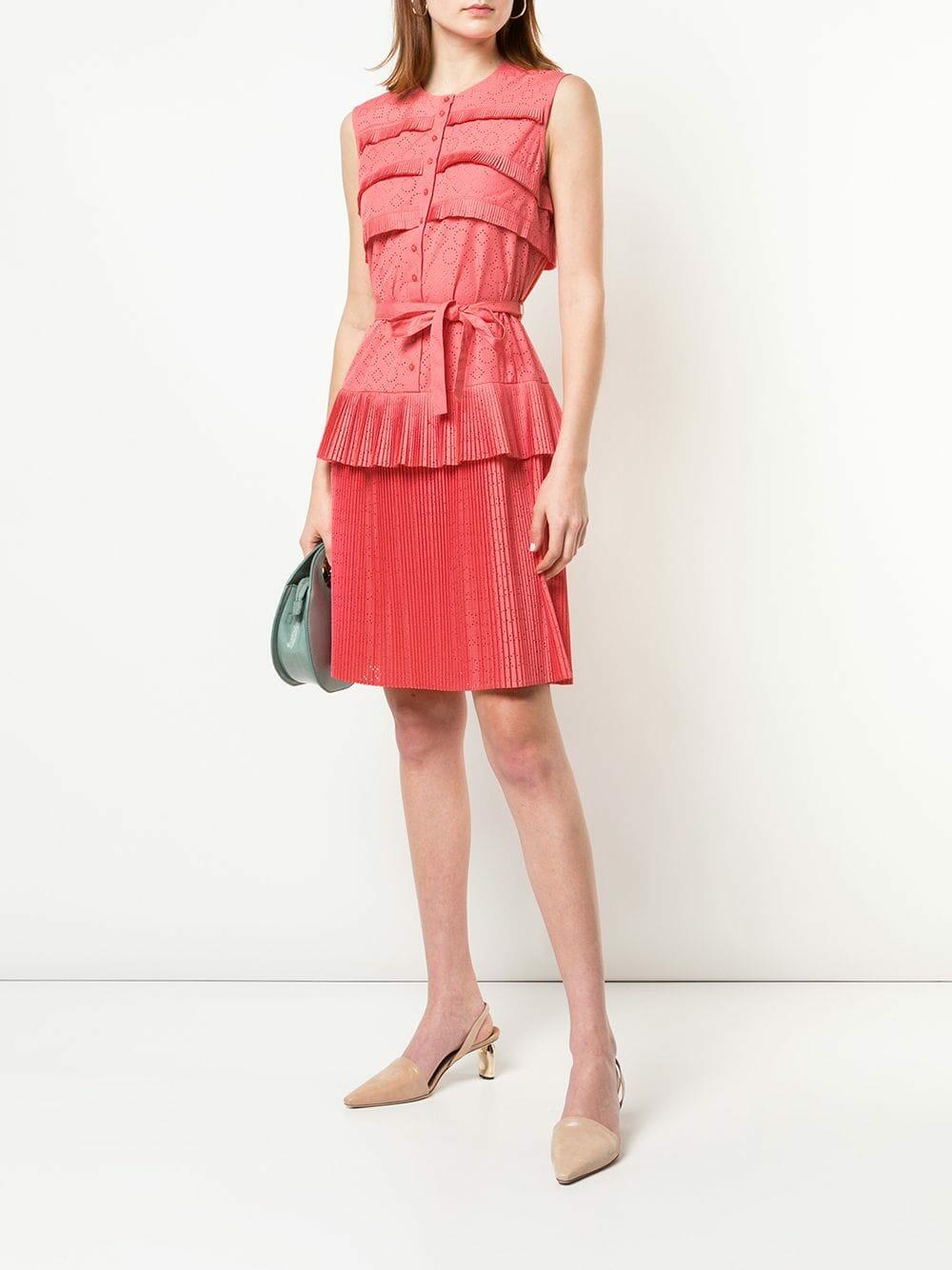 Paule Ka - Coral Eyelet Tiered Pleat Dress