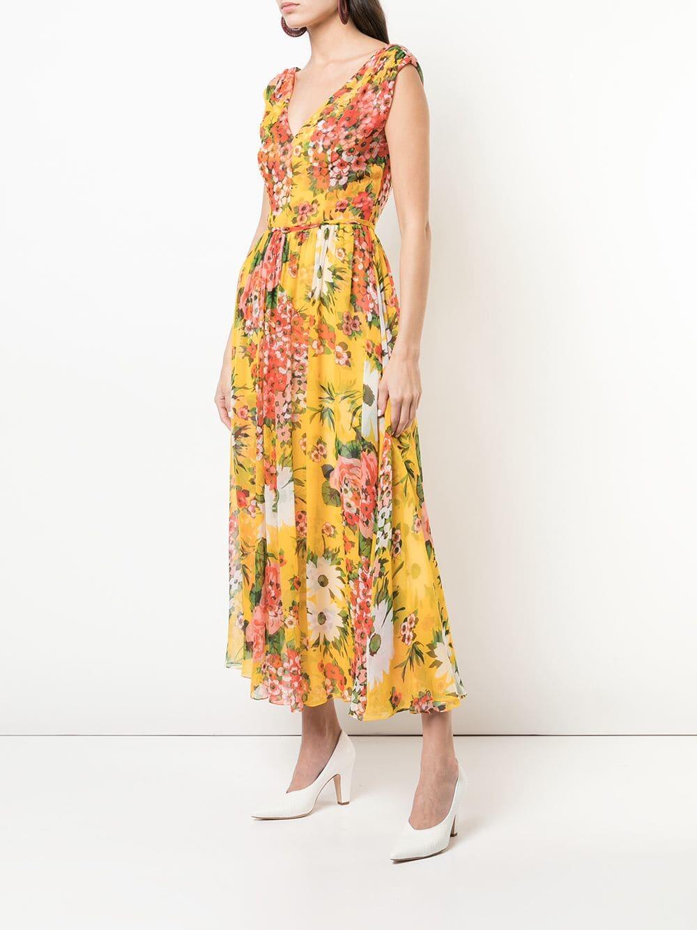 Carolina Herrera - Yellow Chiffon Taxi-Cab Multi Floral Midi Dress