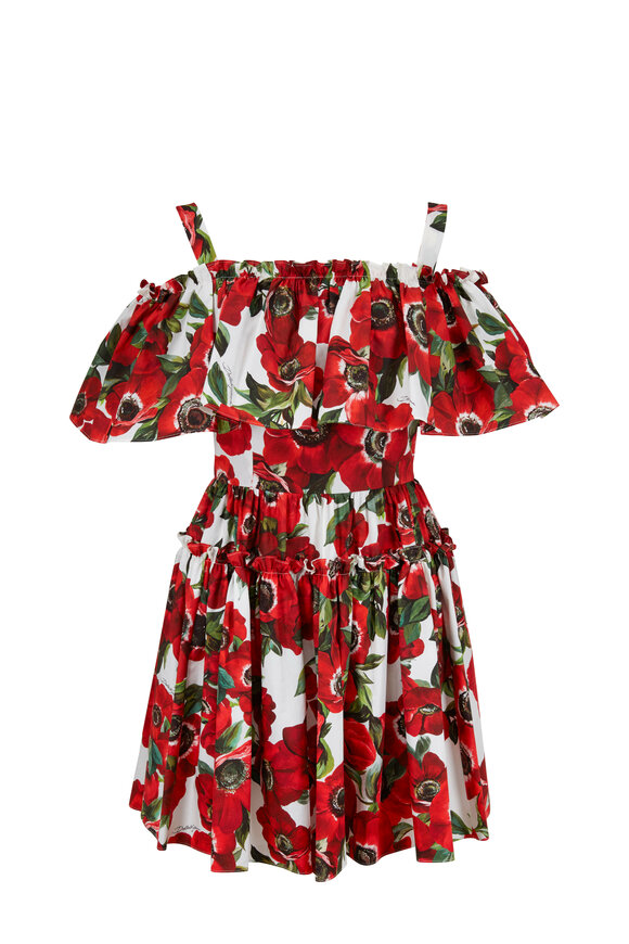 Dolce & Gabbana - Red Anemone Floral Off-The-Shoulder Ruffled Dress 
