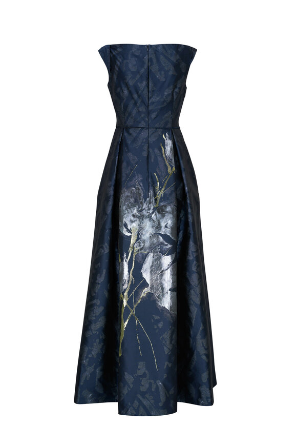 Talbot Runhof - Navy Metallic Floral Off-The-Shoulder Gown 