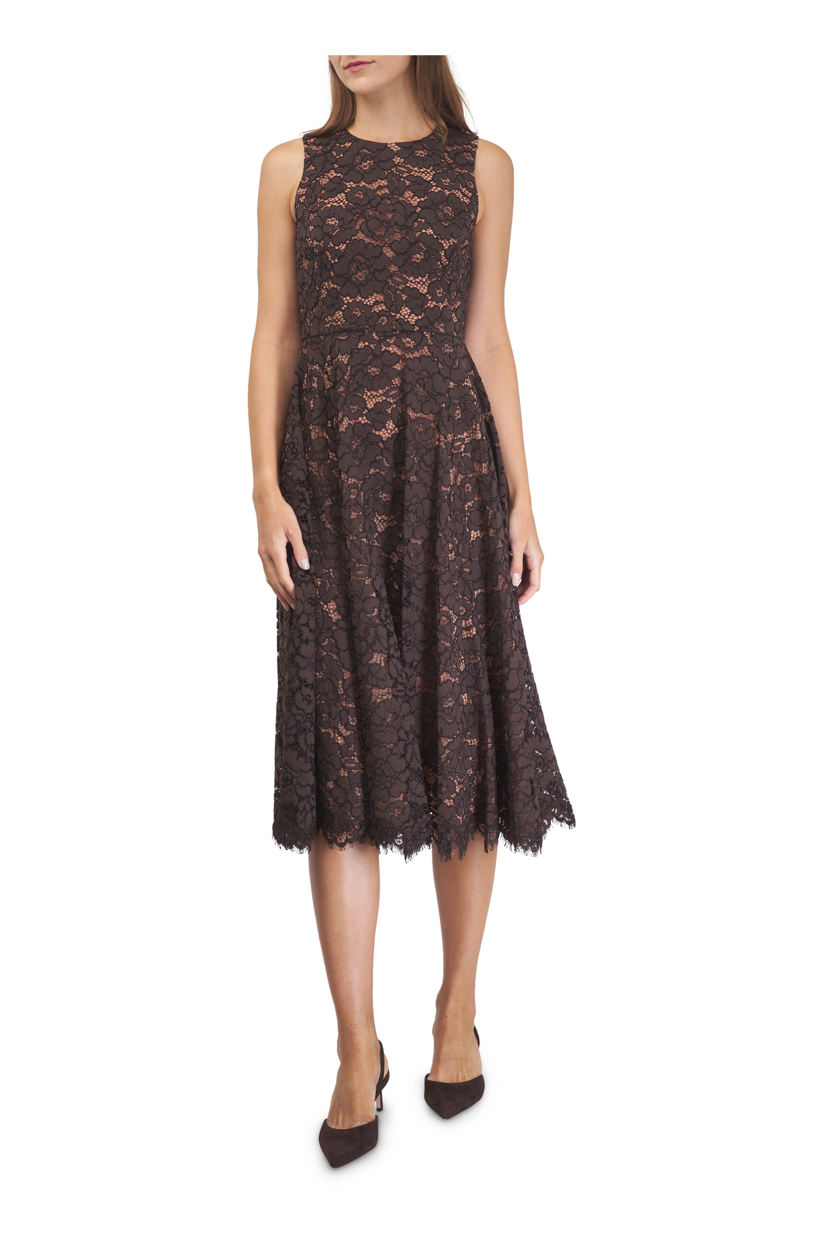 Michael Kors Collection - Dance Floral Lace Chocolate Midi Dress