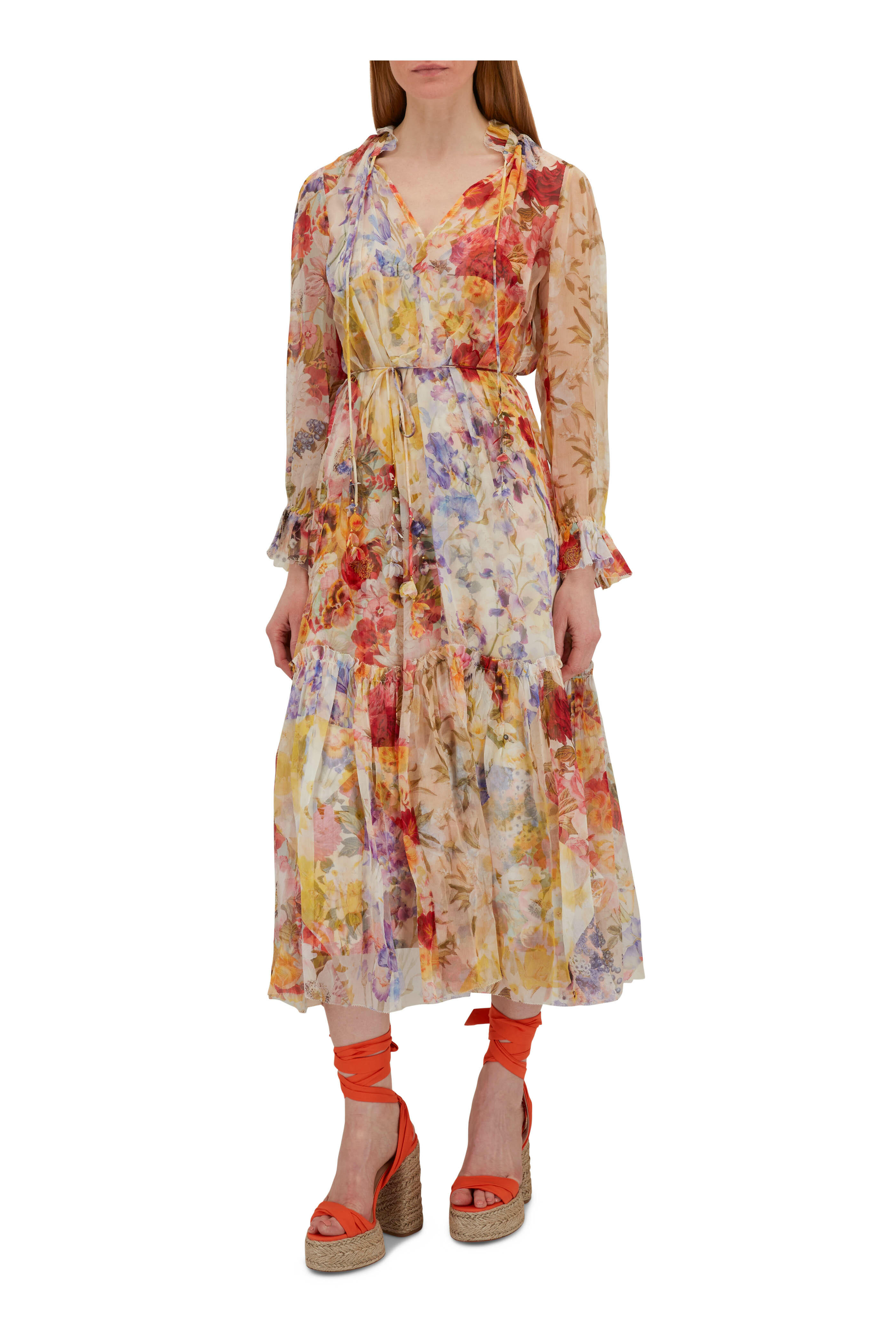 【Zimmermann】LYRICAL MIDI DRESS シフォン ミディドレス Tie Neck Midi Dress Stripe Online | Zimmermann