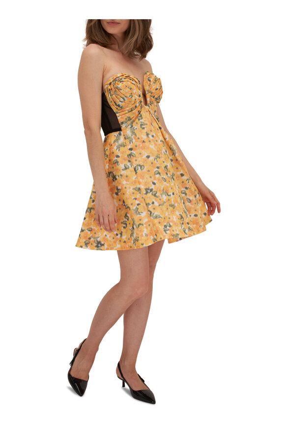 Carolina Herrera - Yellow Floral Taffeta Strapless Mini Dress 