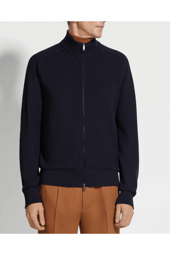 Zegna - Textured Navy Full Zip Sweater | Mitchell Stores