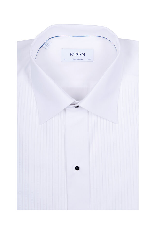 White Pleat Front Textured Twill Tuxedo Shirt - Eton