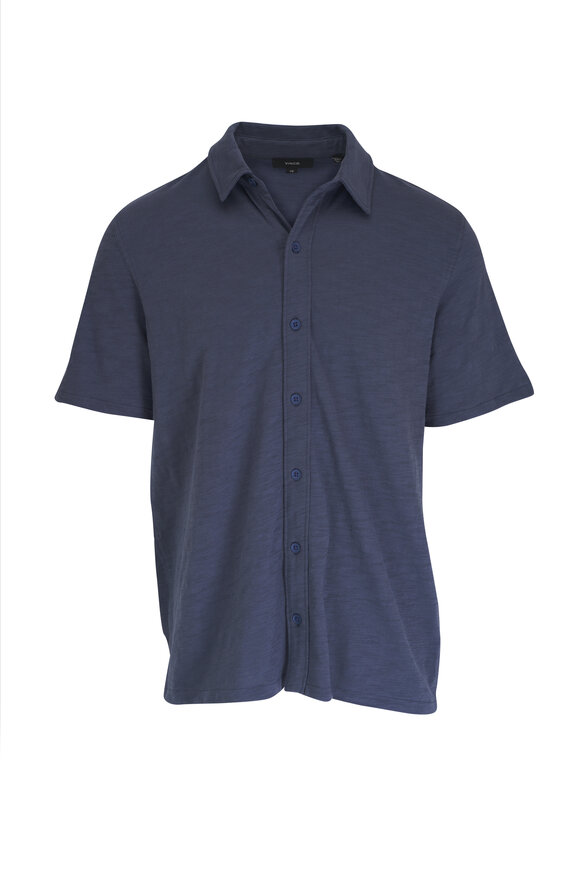 Vince Venice Blue Slub Cotton Short Sleeve Shirt