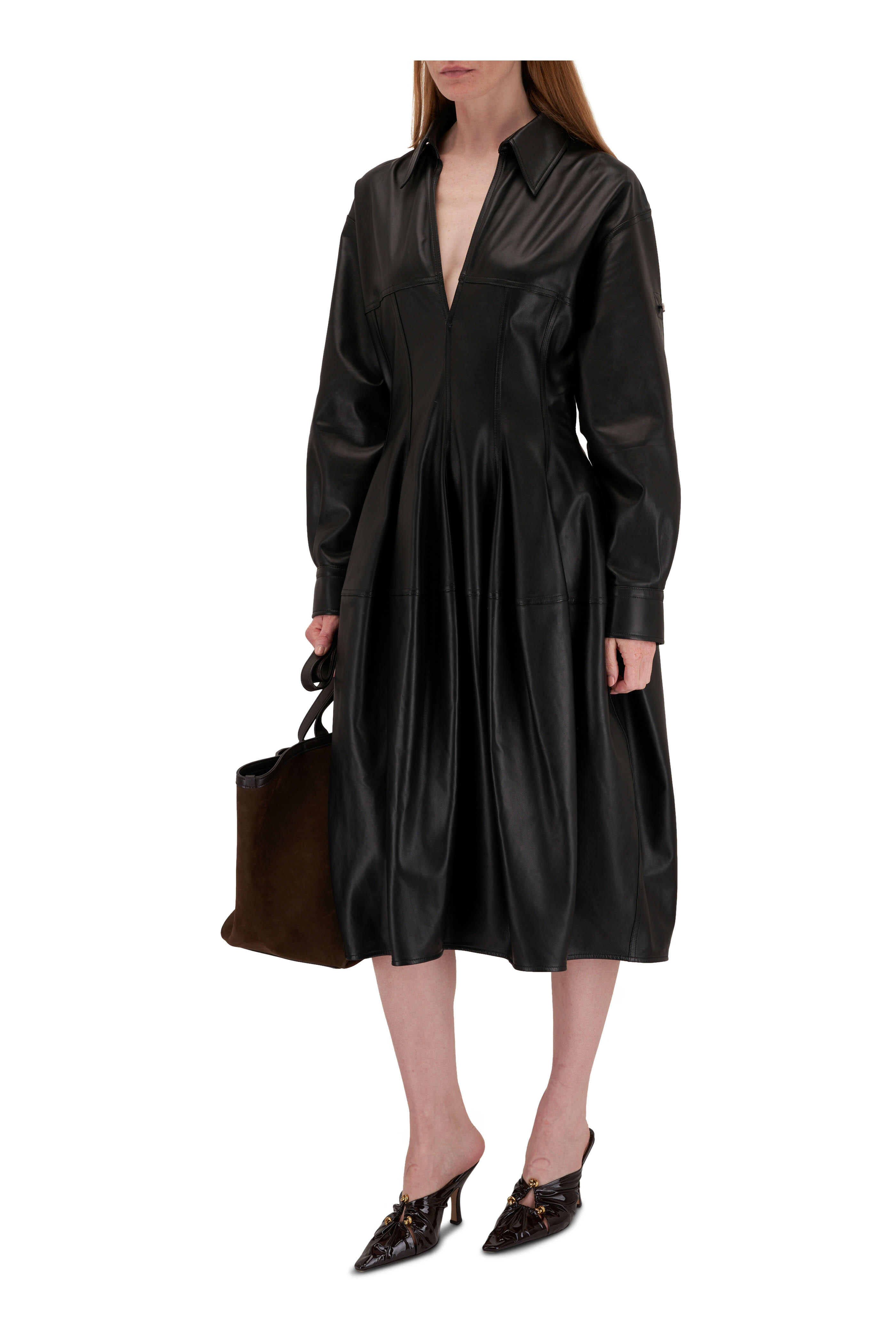Bottega Veneta - Black Nappa Leather Midi Balloon Dress