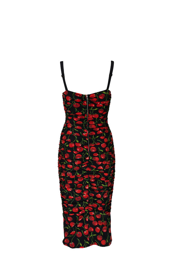 Dolce & Gabbana - Black Cherry Print Draped Midi Dress 