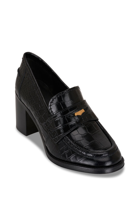 Veronica Beard Black Embossed Leather Penny Loafer Pump, 70mm