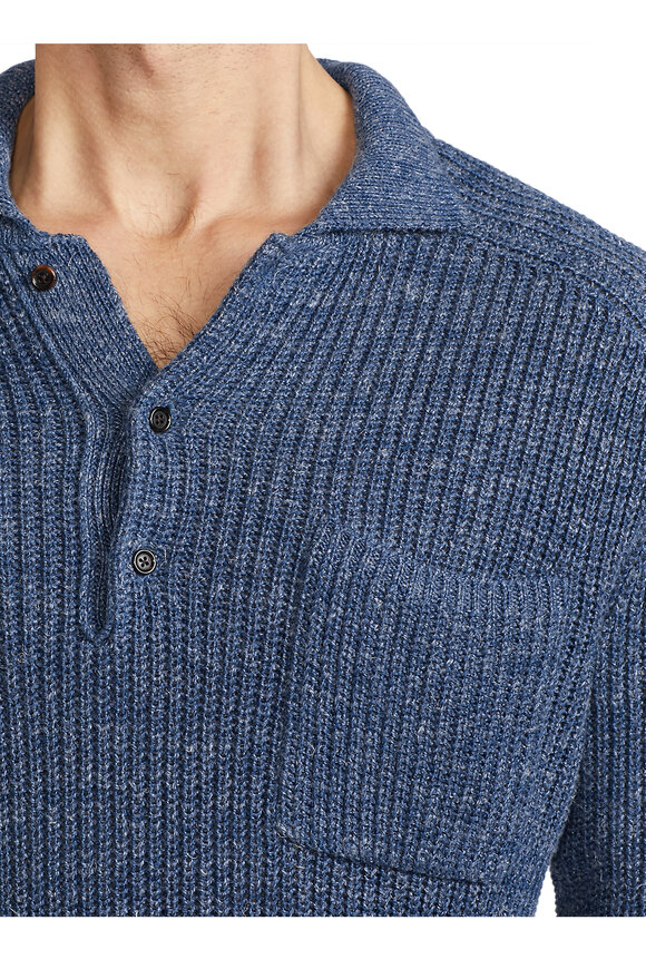 Ralph Lauren Purple Label - Fairfax Blue Ribbed Silk & Linen Polo Sweater