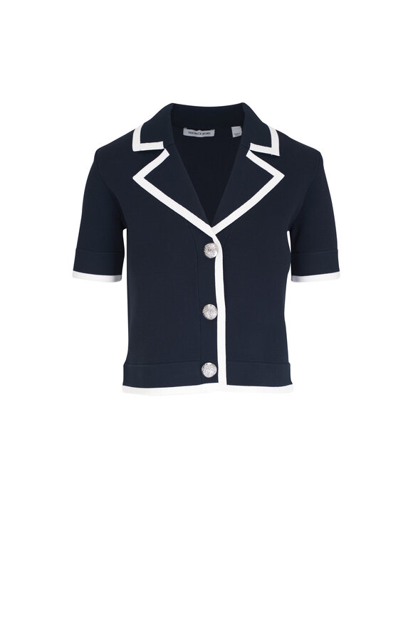 Veronica Beard Stovall Navy Knit Short Sleeve Cropped Jacket