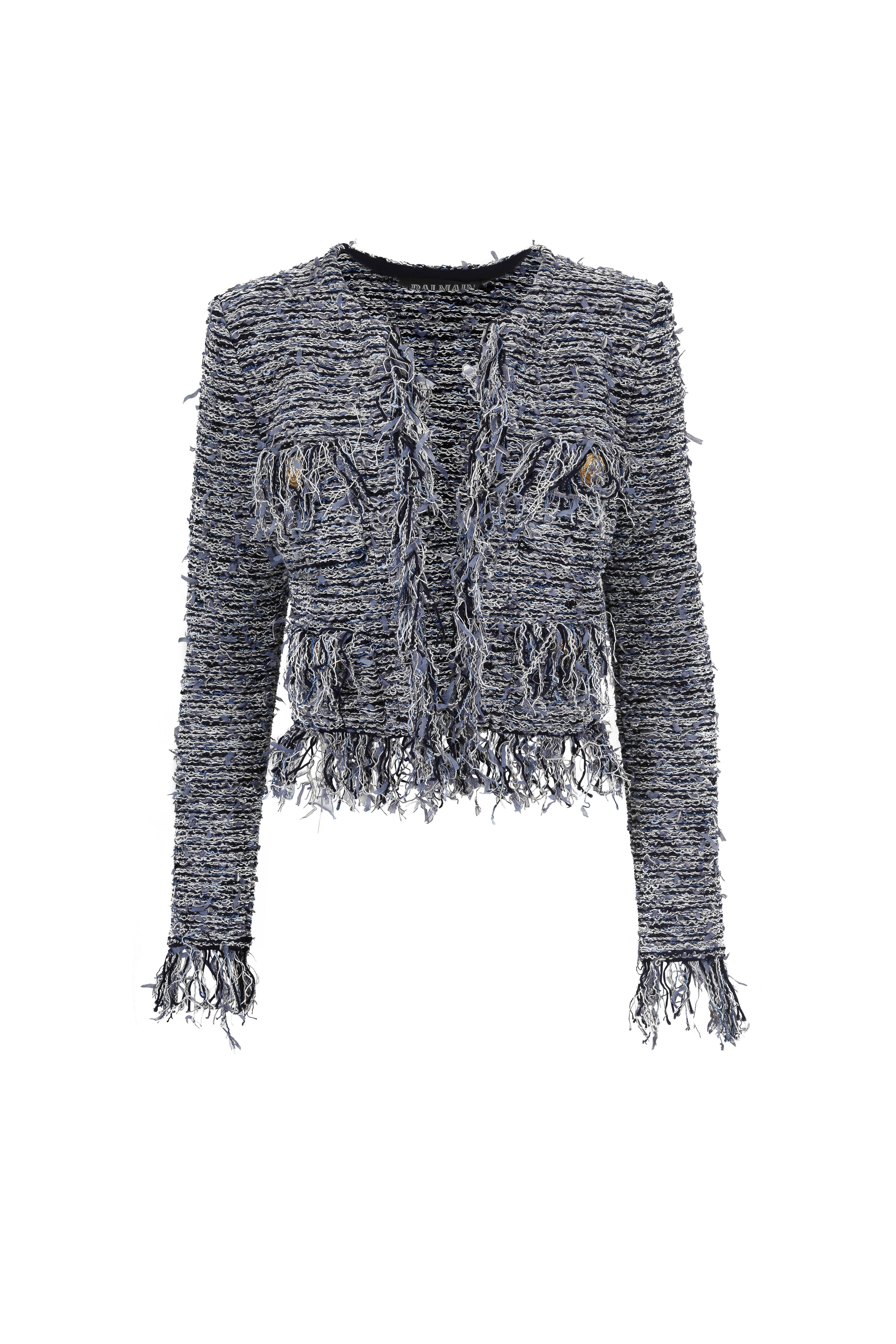 Balmain - Blue Knit Fringed Tweed Cropped Jacket