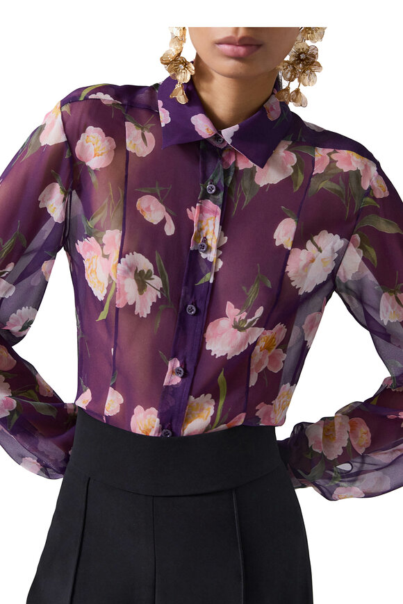 Carolina Herrera - Fig Multicolor Floral Print Silk Blouse