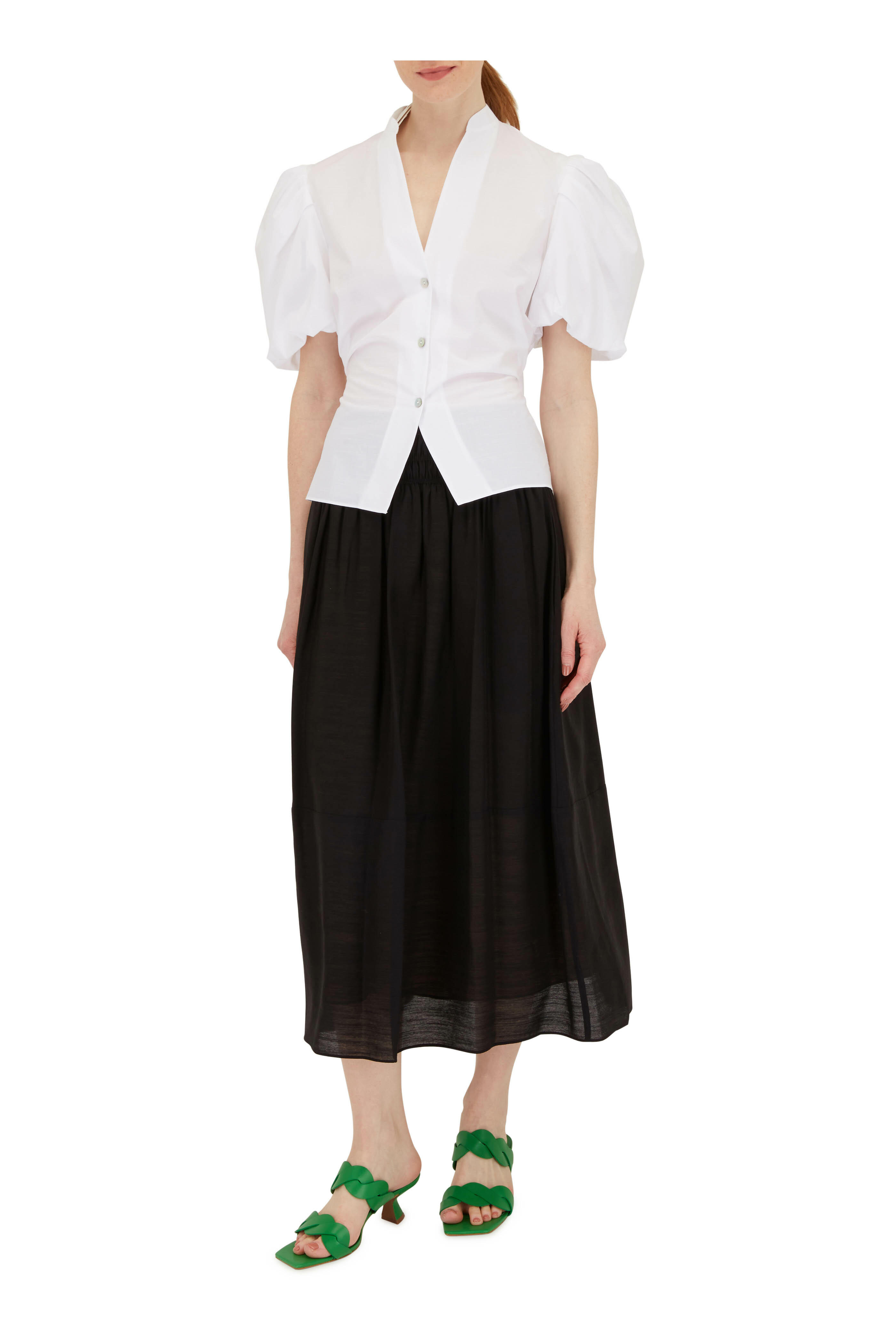 Vince - Black Smocked Tiered Midi Skirt