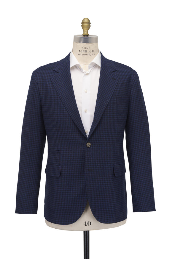 Brunello Cucinelli Navy Houndstooth Wool, Cashmere & Silk Sportcoat - view 2