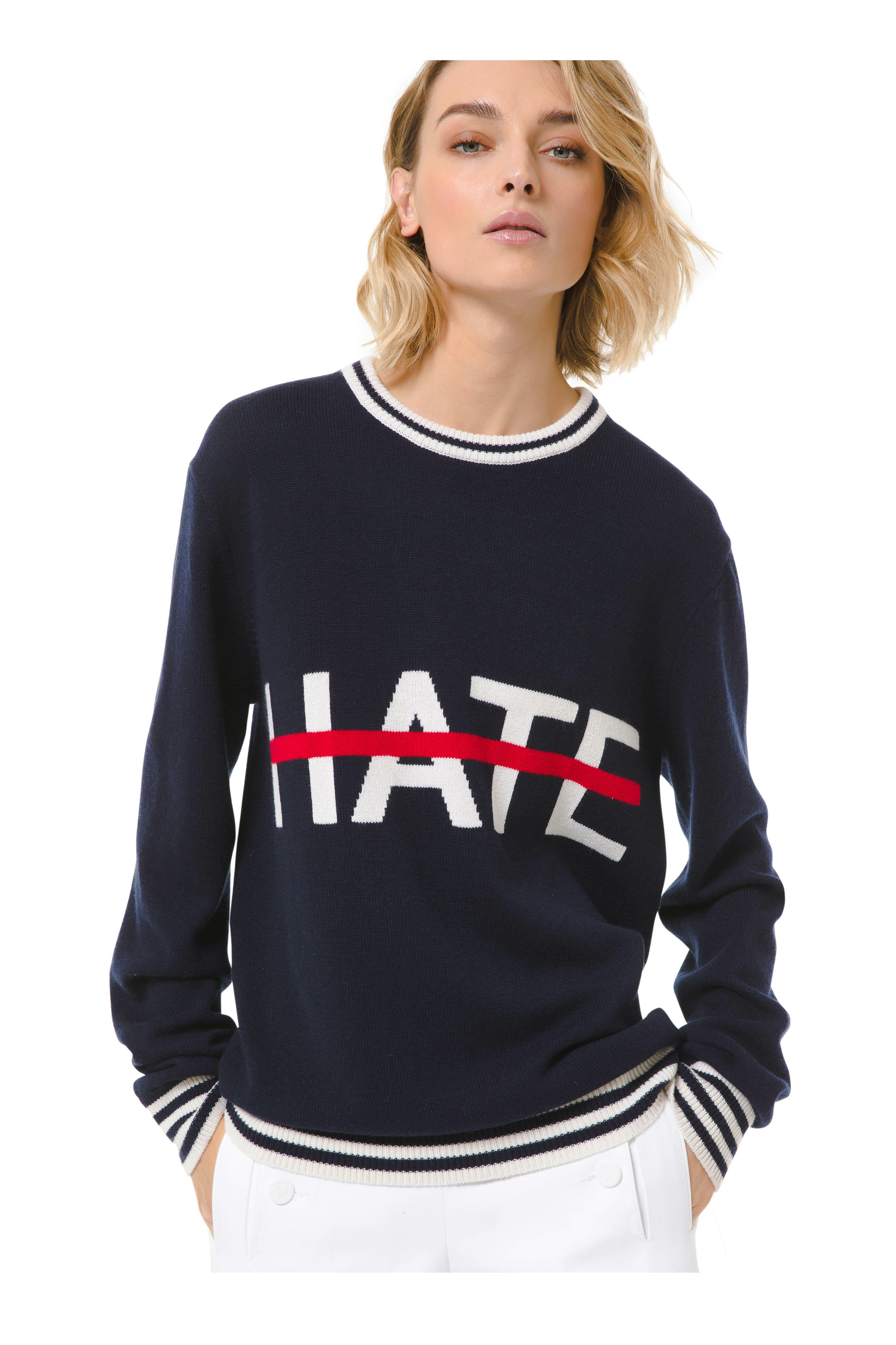 entrada Fuerza motriz Inspiración Michael Kors Collection - Navy & White No Hate Intarsia Sweater