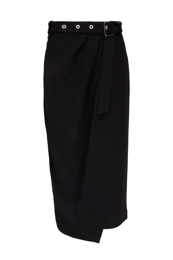 Brunello Cucinelli - Black Silk Crepe Midi Belted Wrap Skirt