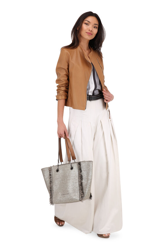 Brunello Cucinelli Platinum Metallic Woven & Leather Reversible Tote - view 3