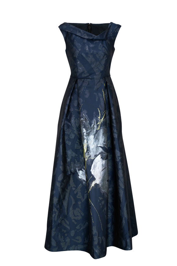 Talbot Runhof - Navy Metallic Floral Off-The-Shoulder Gown 