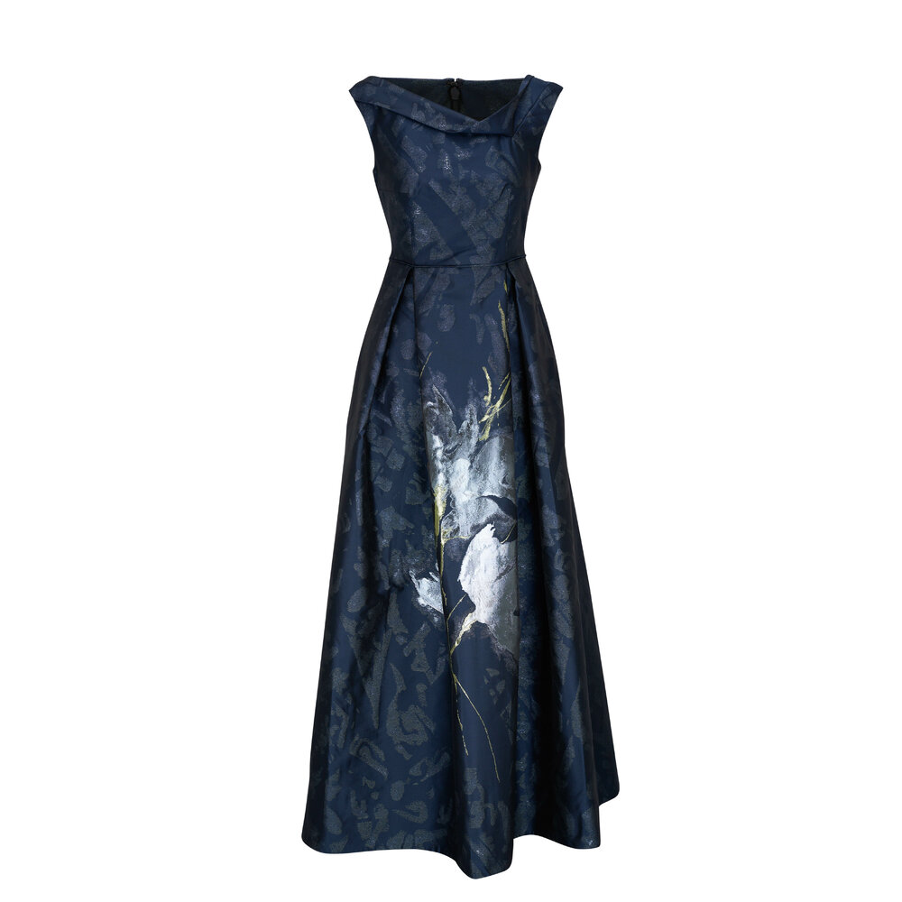 Talbot Runhof - Navy Metallic Floral Off-The-Shoulder Gown