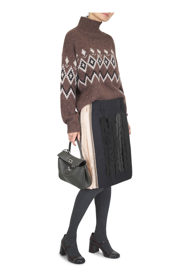 Designer outfit featuring Gudrun Dark Cocoa Jacquard Cashmere Sweater, Brown & Black Leather Mary Jane Pump, 65mm and 1 other piece