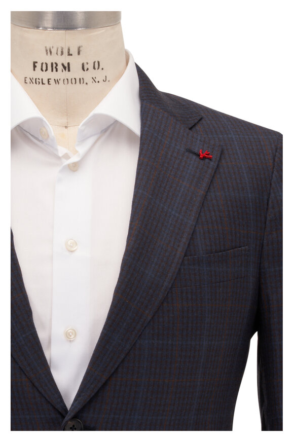 Isaia Brown & Blue Plaid Check Wool Sportcoat