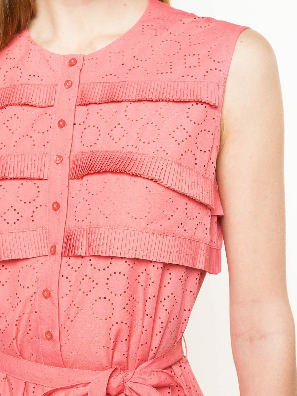 Paule Ka - Coral Eyelet Tiered Pleat Dress