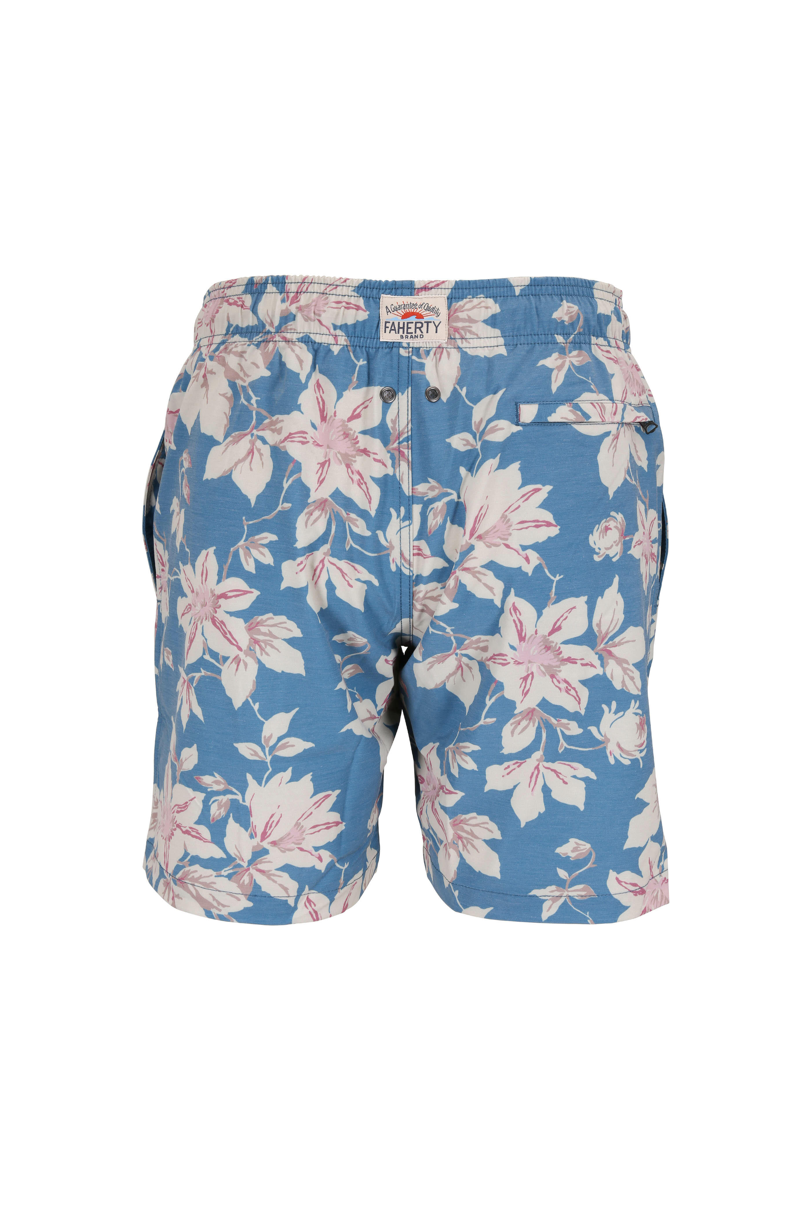Faherty Brand - Blue & Pink Floral Printed Swim Trunks