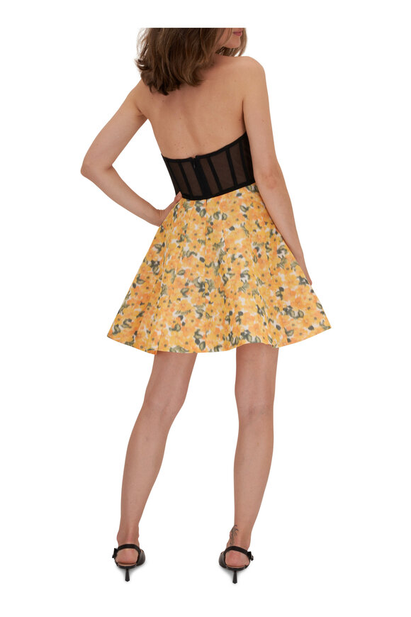 Carolina Herrera - Yellow Floral Taffeta Strapless Mini Dress 