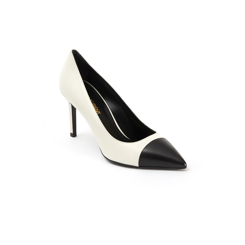 Saint Laurent White Leather Black Cap Toe Pumps