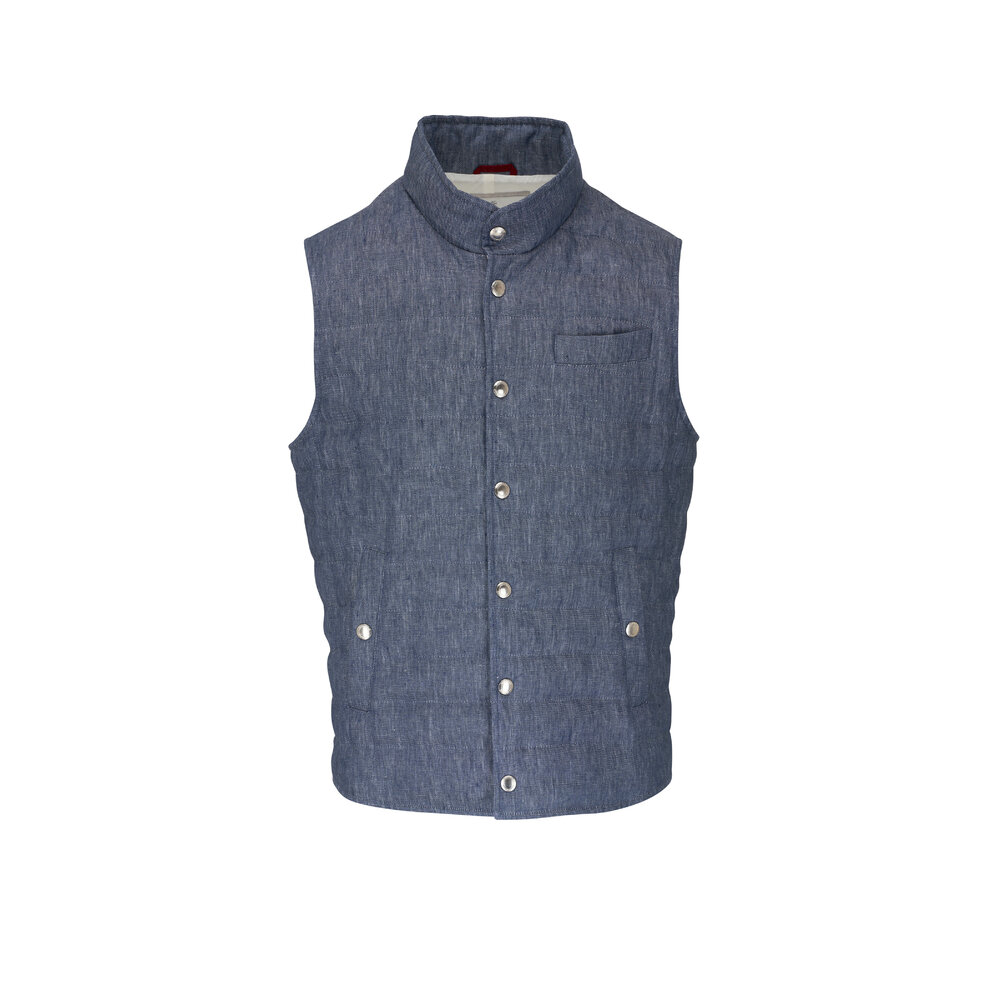 Brunello Cucinelli - Quilted Blue Linen & Wool Puffer Vest