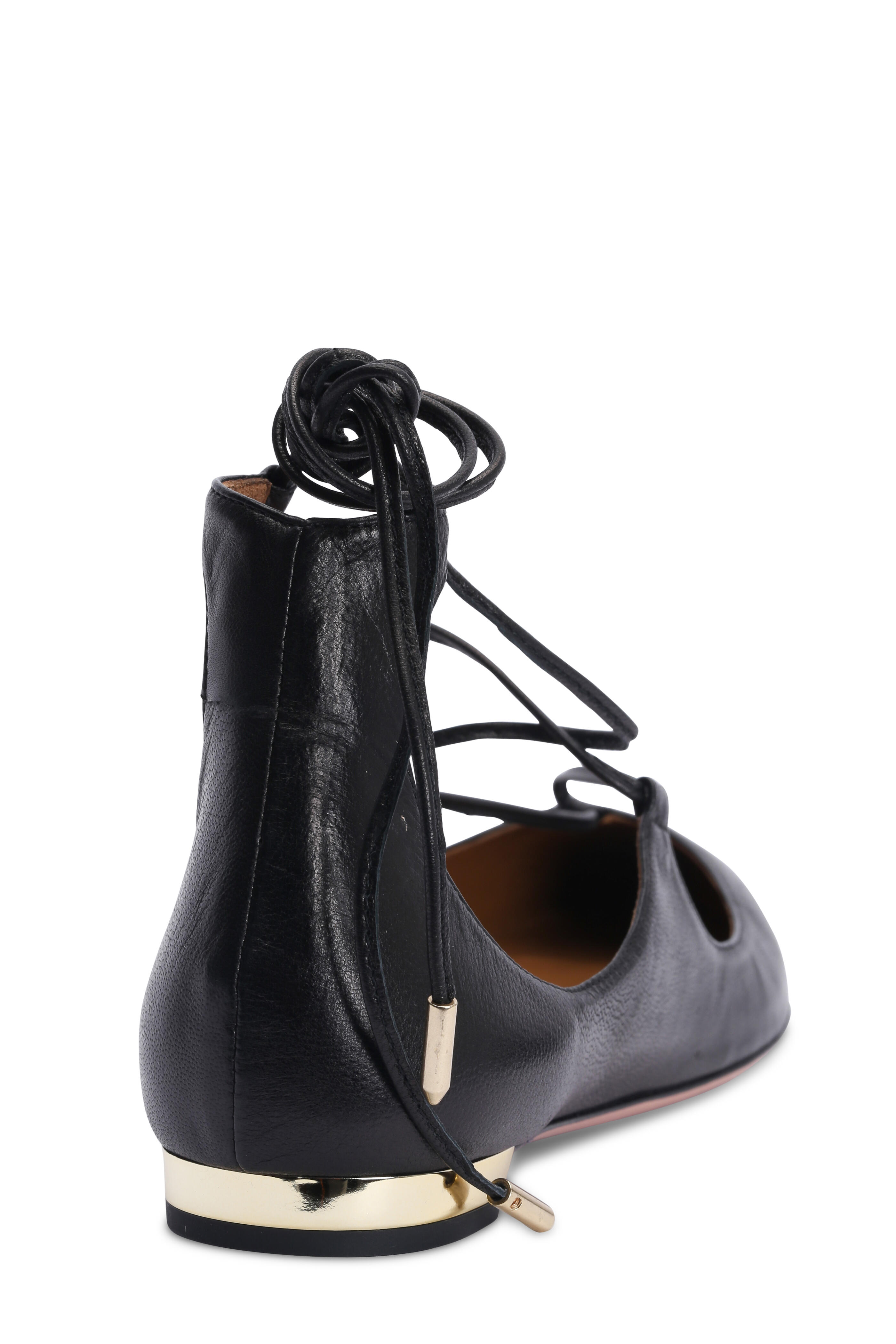 Aquazzura - Christy Black Leather Lace-Up Pointed Flat