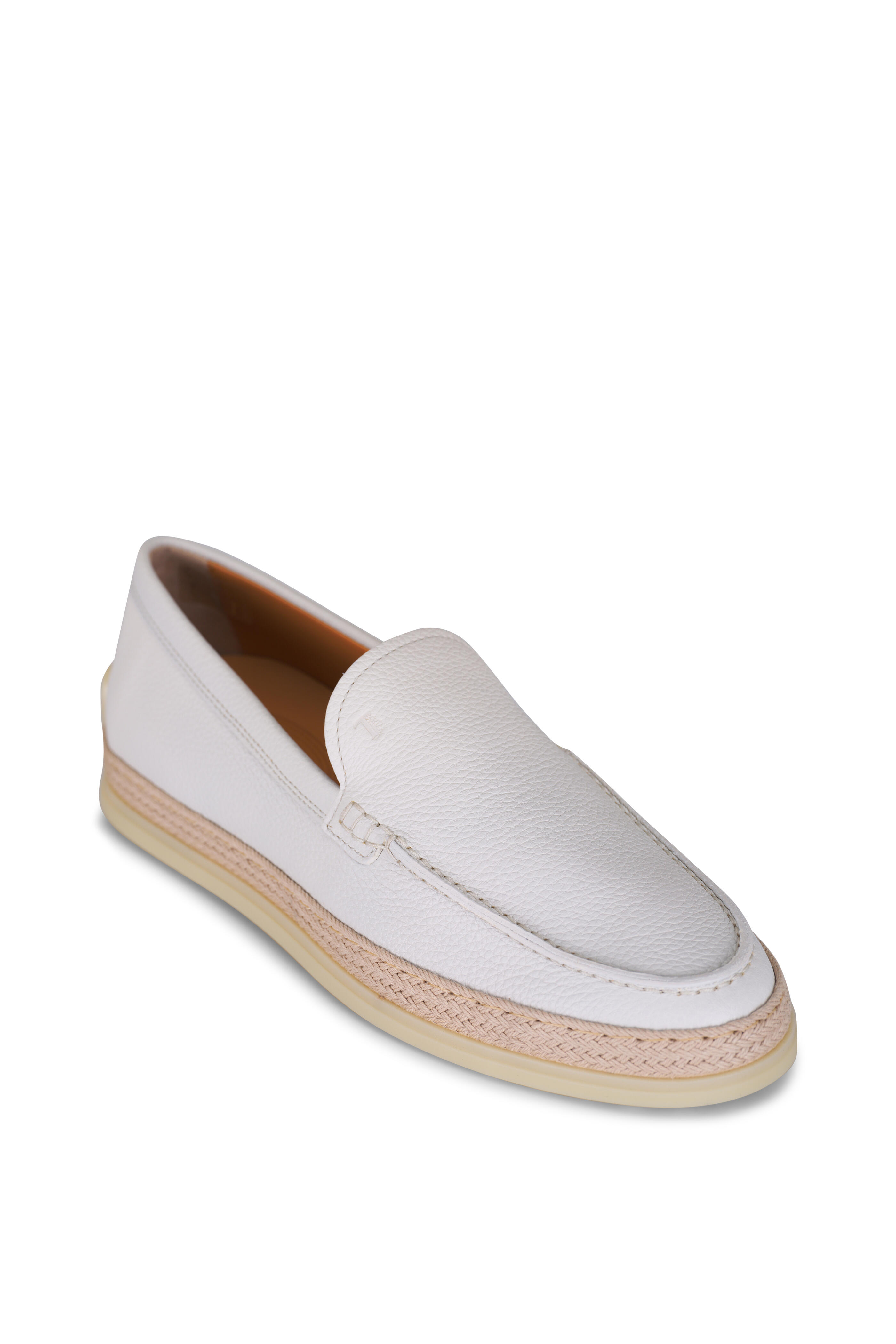 Tod's - Gomma White Leather Raffia Trim Loafer