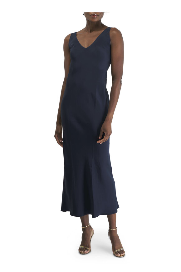 Peter Cohen - Low Back 4-Ply Silk Navy Maxi Dress 