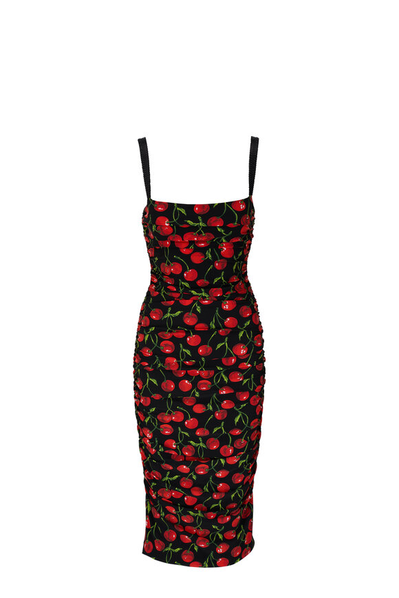 Dolce & Gabbana Black Cherry Print Draped Midi Dress 