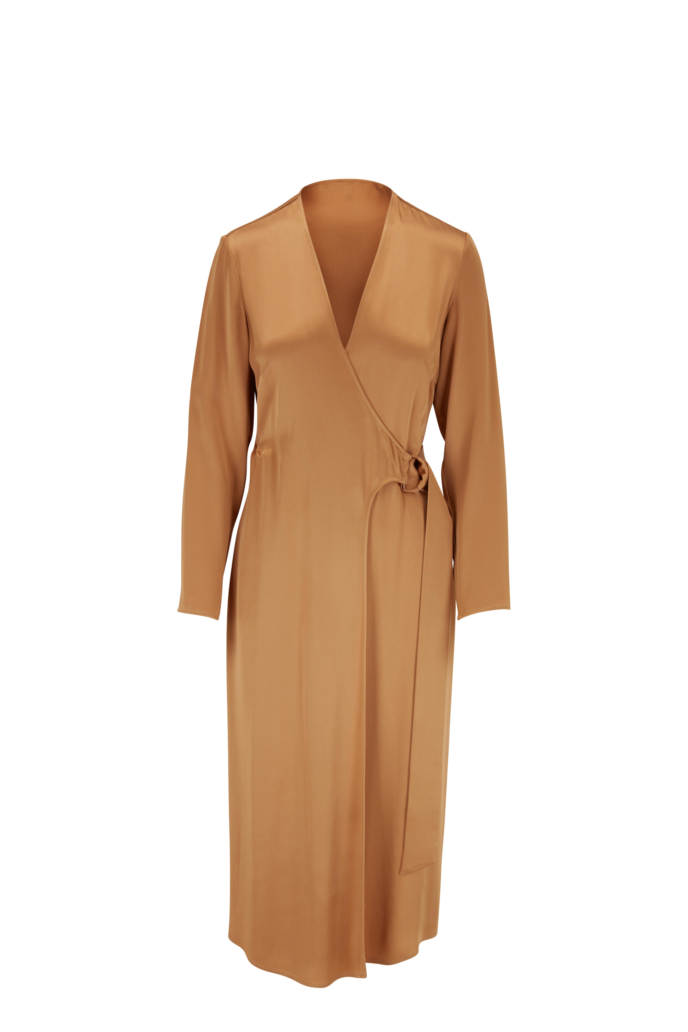 LaPointe - Camel Satin D-Ring Long Sleeve Wrap Dress