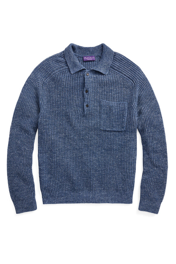 Ralph Lauren Purple Label - Fairfax Blue Ribbed Silk & Linen Polo Sweater