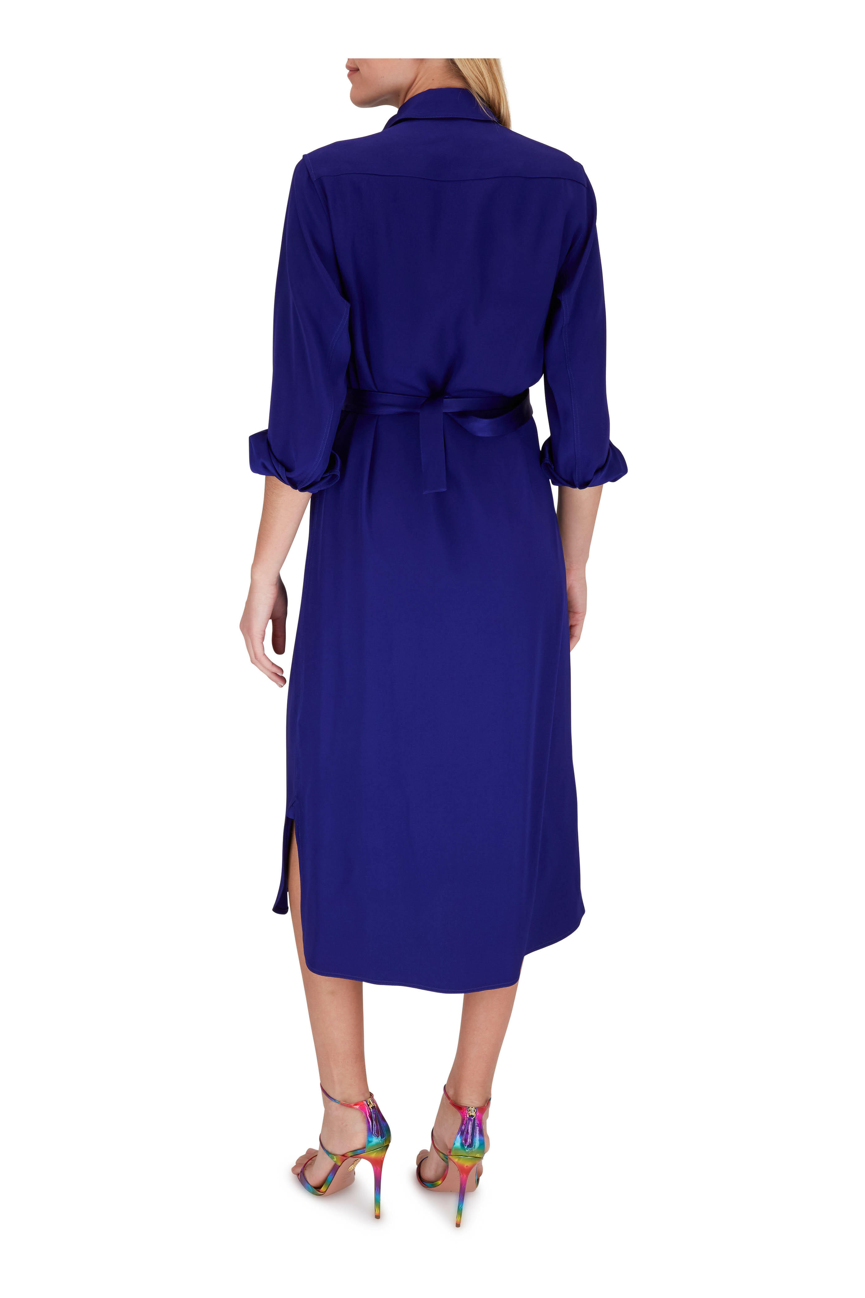 Rosetta Getty - Cobalt Matte Satin Long Sleeve Shirtdress