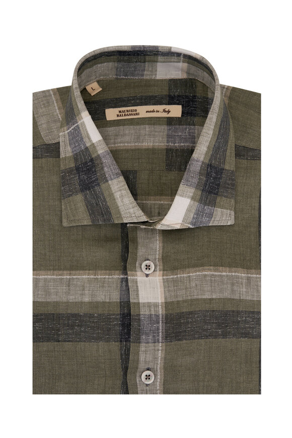 Maurizio Baldassari Green & Gray Plaid Linen & Cotton Sport Shirt 