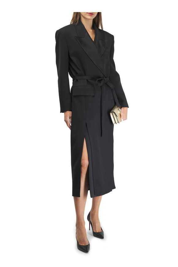 Valentino - Side Tie Black Stretch Wool Long Coat