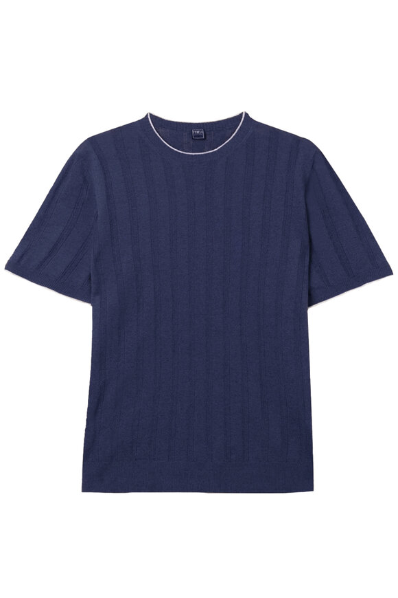 Tシャツ・カットソー FEDELI Midnight Blue Wool Sweater Fedeli - Light Blue Cashmere & Linen Crewneck Sweater