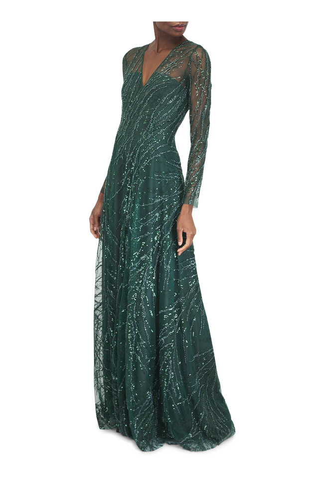 Designer outfit featuring Turgimodla Black Flocked Tulle T-Bar Pump, 50mm and Green Long Sleeve Beaded Gown