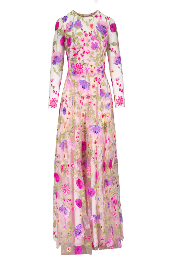 Naeem Khan Embroidered Illusion Floral Gown