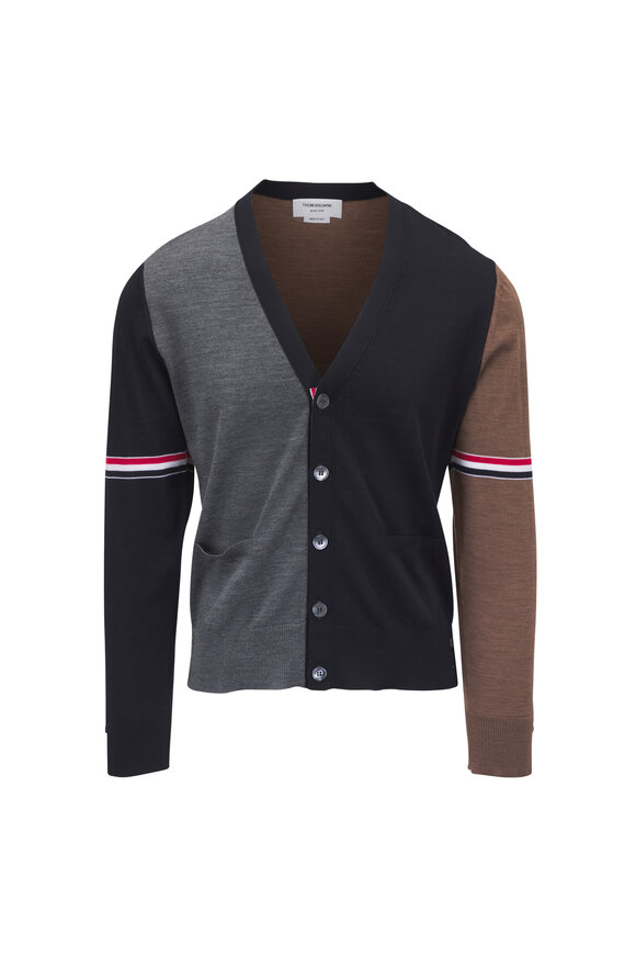 Thom Browne Navy, Gray & Brown V-Neck Cardigan